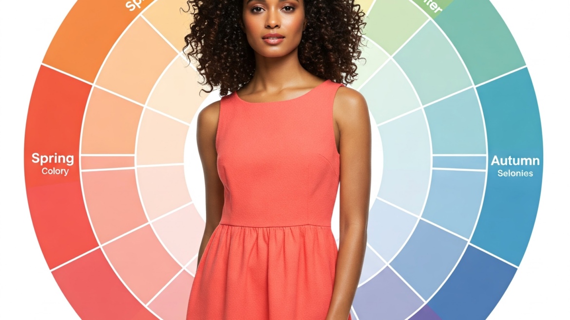 Une femme élégante portant une robe corail, entourée d'un cercle chromatique vibrant. L'image illustre la méthode des 4 saisons colorimétriques, mettant en avant les couleurs idéales pour sublimer différents types de peau. Parfaite pour introduire le sujet de la colorimétrie et son application dans la mode féminine