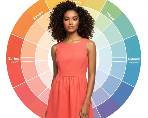 Une femme élégante portant une robe corail, entourée d'un cercle chromatique vibrant. L'image illustre la méthode des 4 saisons colorimétriques, mettant en avant les couleurs idéales pour sublimer différents types de peau. Parfaite pour introduire le sujet de la colorimétrie et son application dans la mode féminine