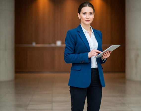 femme en blazer bleu qui respire la confiance en elle