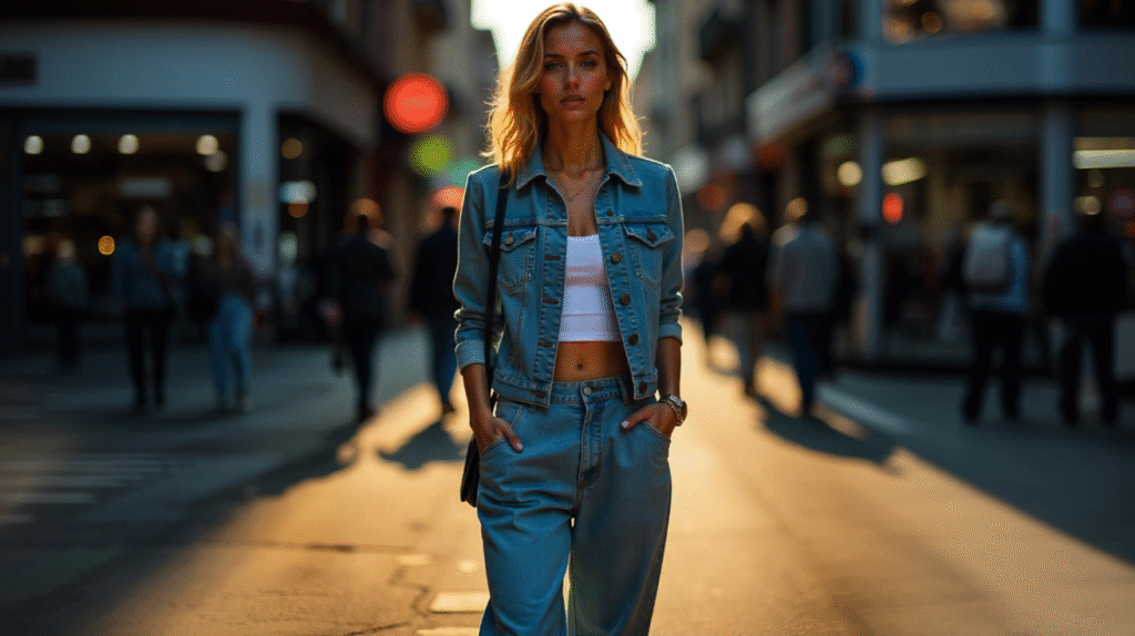 TOTAL LOOK BLUE DENIM POUR ADO FILLE JEAN COUPE DROITE ET VESTE EN JEAN AVEC UN CROPTOP BLANC. 