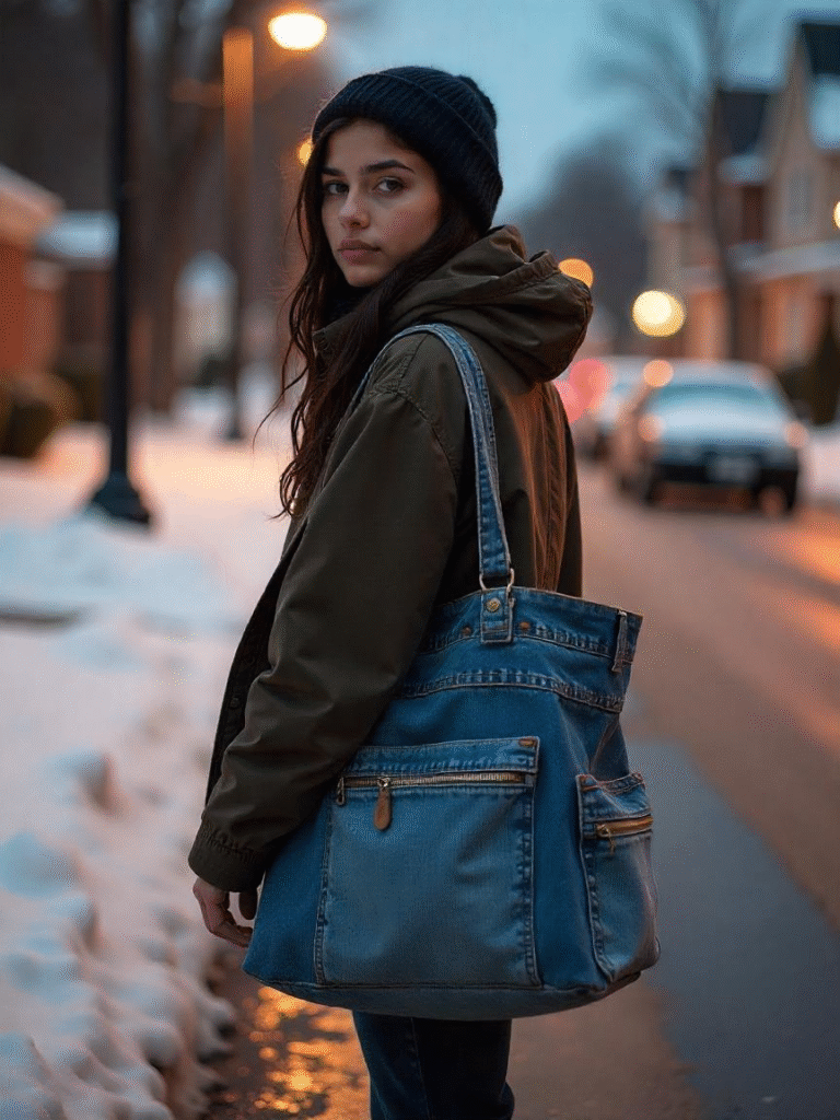Lycéen(ne) avec sac à dos fait maison en vieux jean, ambiance DIY et éco-responsable