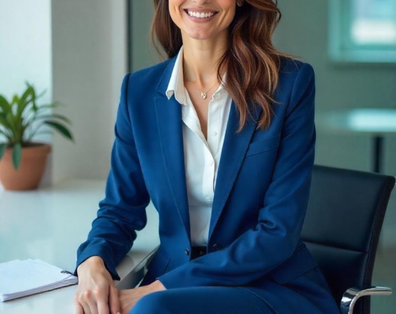 “Portrait d’une femme professionnelle confiante, debout dans un bureau moderne lumineux, portant un tailleur élégant bleu marine parfaitement ajusté, chemisier blanc, chaussures sophistiquées, cheveux coiffés avec soin, maquillage naturel, sourire léger et accueillant, fond épuré et flouté aux tons neutres chauds (#db6056 en touche discrète), style photographique corporate haute résolution, ambiance raffinée mêlant sérieux et confort professionnel.