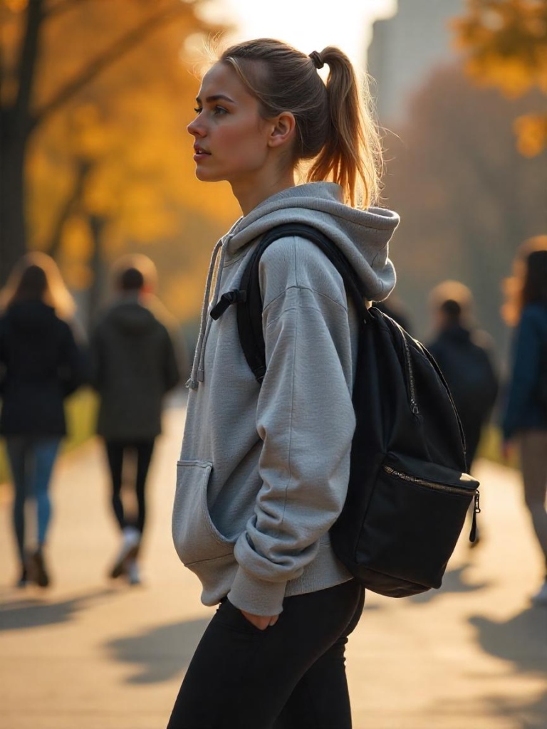 Lycéenne 18 ans look urbain  avec sac à dos ergonomique, bretelles larges, look moderne, lycée 2025 vue latérale