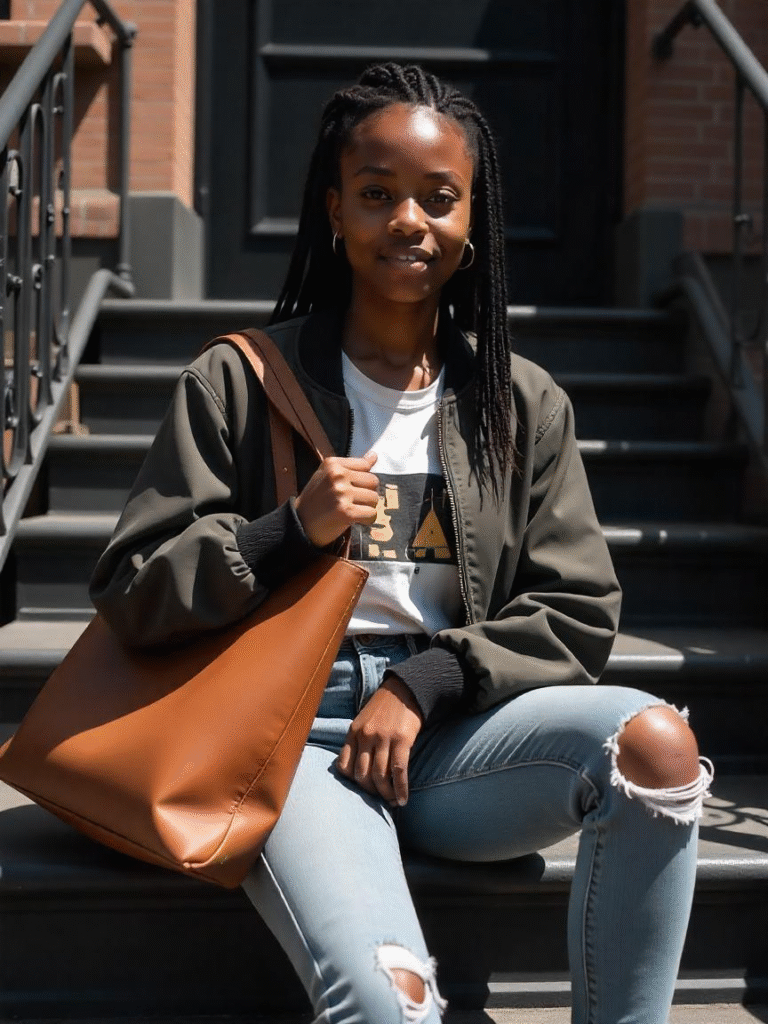 Un lycéen afro-américain de 18 ans aux cheveux tressés, portant une veste bomber élégante sur un t-shirt graphique et un jean déchiré, portant un sac fourre-tout en cuir marron souple au format A4, assis sur les marches d'une maison en grès brun de Brooklyn par un après-midi ensoleillé.