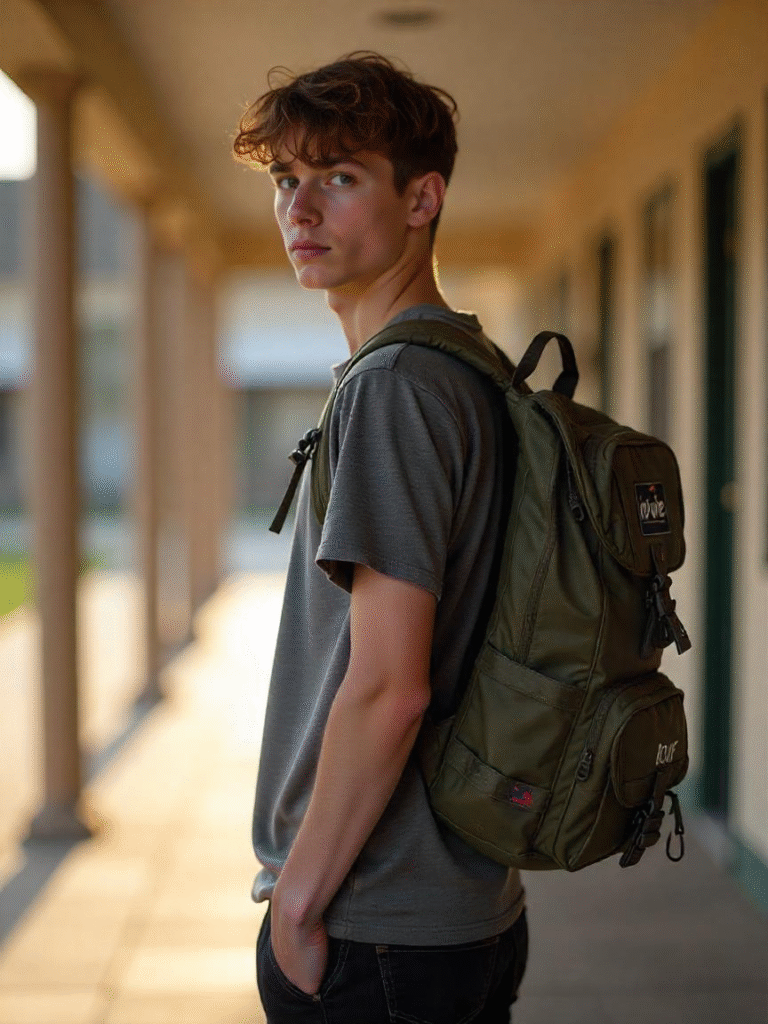 Un étudiant caucasien de 16 ans avec un sac à dos de style militaire couvert de multiples poches et de patchs bleu marine, habillé en streetwear, debout dans un couloir de lycée avec le mot « amour » écrit sur son sac au feutre, la lumière du jour traversant les fenêtres.