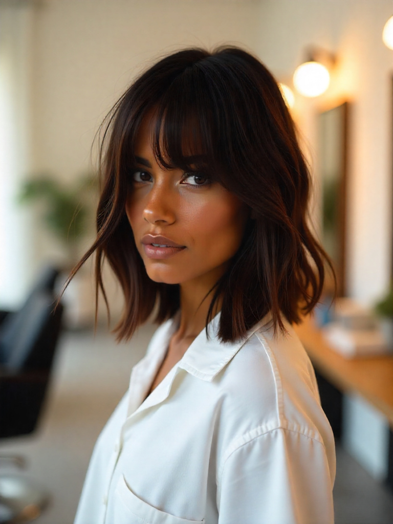 coiffure femme Un carré long, avec des longueurs s'étendant jusqu'aux épaules ou plus bas