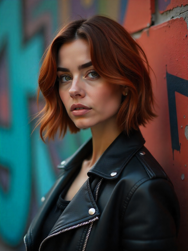 Une coupe au carré classique sur une femme hispanique aux cheveux auburn, légèrement ondulés, dans un décor urbain animé avec des graffitis en arrière-plan, portant une veste en cuir.