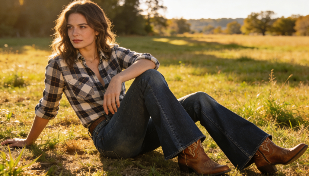 Femme portant tenue western femme chic avec jean flare, chemise à carreaux et santiags, style authentique et moderne