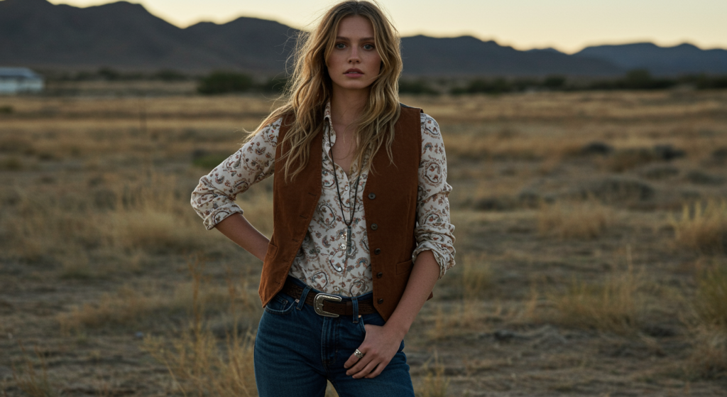 Femme élégante portant une tenue western femme chic avec veste à franges, jean brut et bottines santiag, style lifestyle authentique