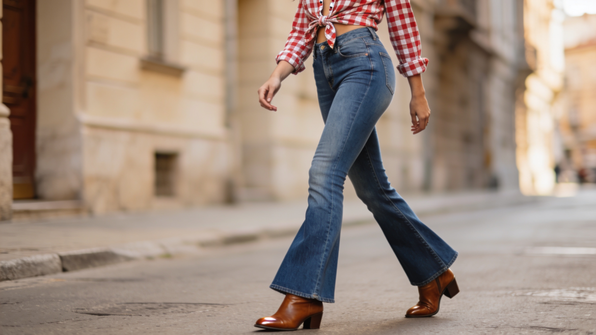 Femme portant un jean flare évasé bleu denim, chemise à carreaux nouée à la taille, bottes santiag en cuir marron, chapeau western, style cowgirl chic, arrière-plan ranch lumineux, lumière naturelle, style réaliste, haute qualité"
