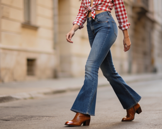 Femme portant un jean flare évasé bleu denim, chemise à carreaux nouée à la taille, bottes santiag en cuir marron, chapeau western, style cowgirl chic, arrière-plan ranch lumineux, lumière naturelle, style réaliste, haute qualité"