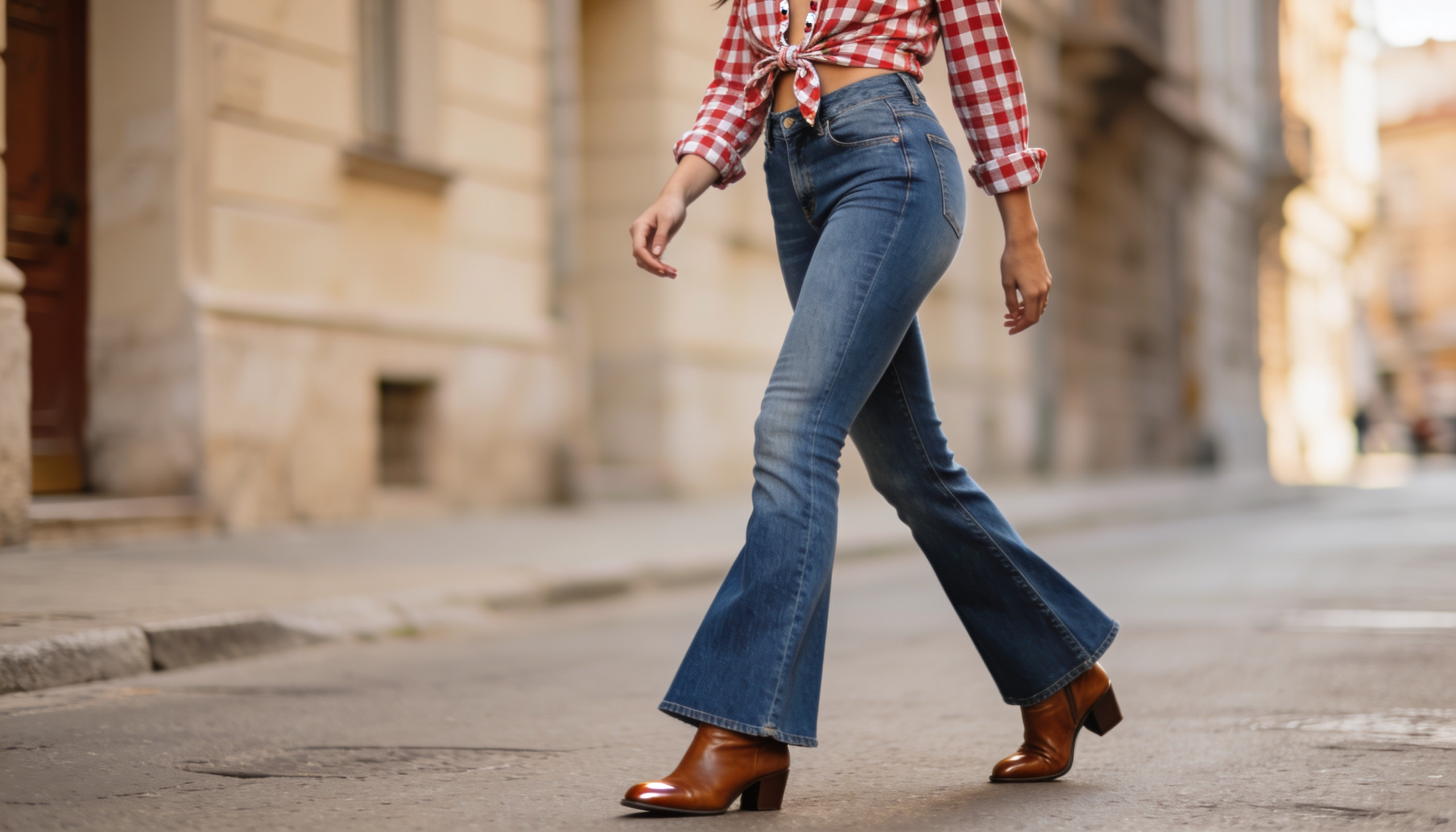 Femme portant un jean flare évasé bleu denim, chemise à carreaux nouée à la taille, bottes santiag en cuir marron, chapeau western, style cowgirl chic, arrière-plan ranch lumineux, lumière naturelle, style réaliste, haute qualité"