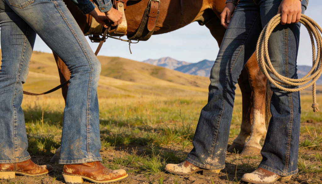 Cowboy et cowgirl du XIXᵉ siècle portant des jeans flare en denim robuste, bottes western, travaillant à cheval et dans les champs, style authentique et historique.