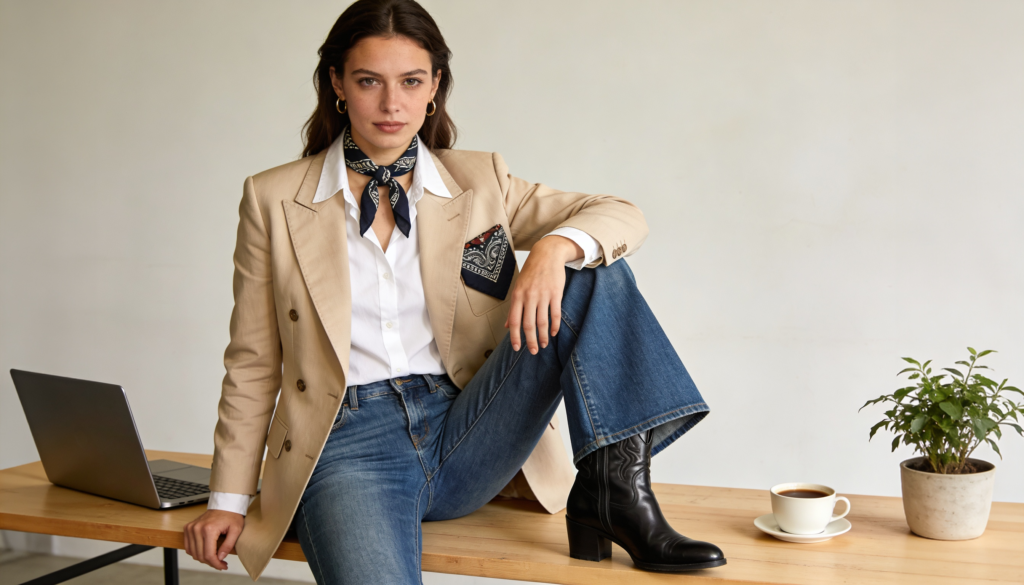 Femme moderne portant un jean flare, chemise sobre et blazer structuré, bottines élégantes, style western subtil au bureau, couleurs neutres beige, camel et bleu denim.