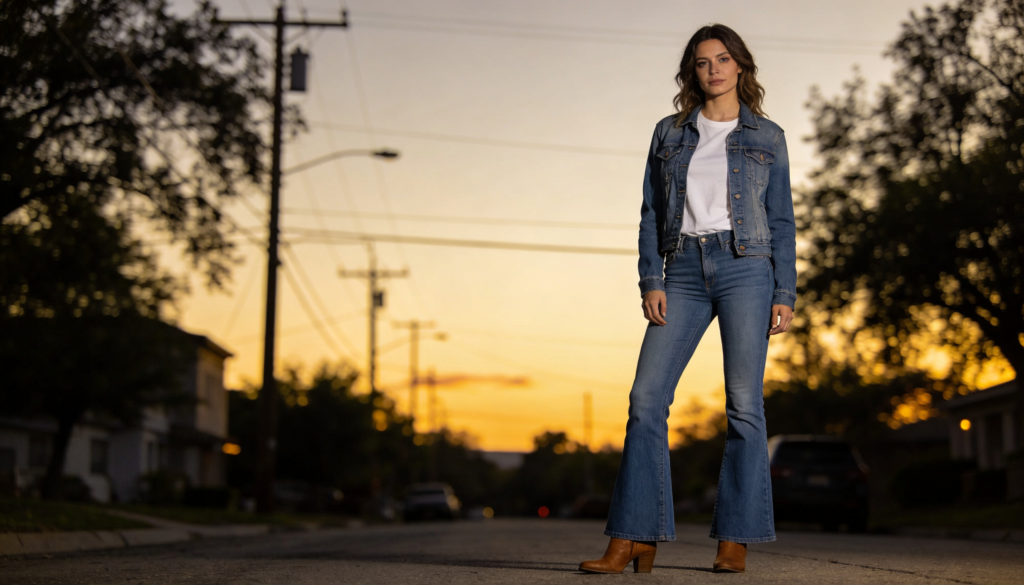 Femme portant un jean flare avec t-shirt simple, veste en denim et bottines, style western décontracté pour le quotidien.