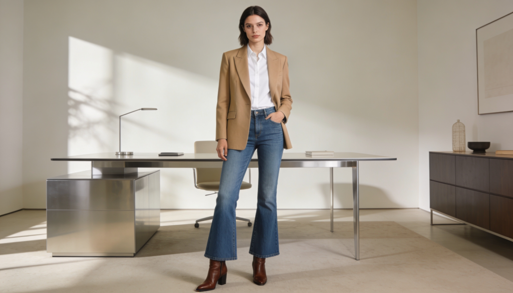 Femme portant jean flare avec blazer structuré, chemise sobre et bottines, look western chic adapté au bureau.