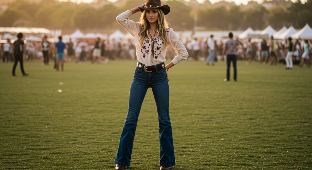 Femme au style bohème western avec jean flare, blouse brodée, bottines et chapeau pour le festival Coachella.