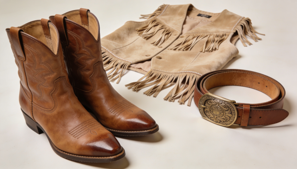 Santiags, veste à franges et ceinture à grosse boucle pour tenue western femme chic, style authentique et lifestyle