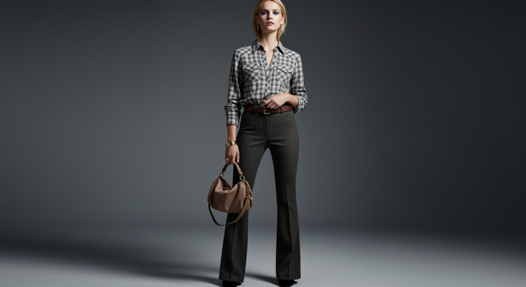 femme en blouse western discrète ou chemise à carreaux, pantalon évasé tailleur, ceinture fine, sac structuré, bijoux discrets