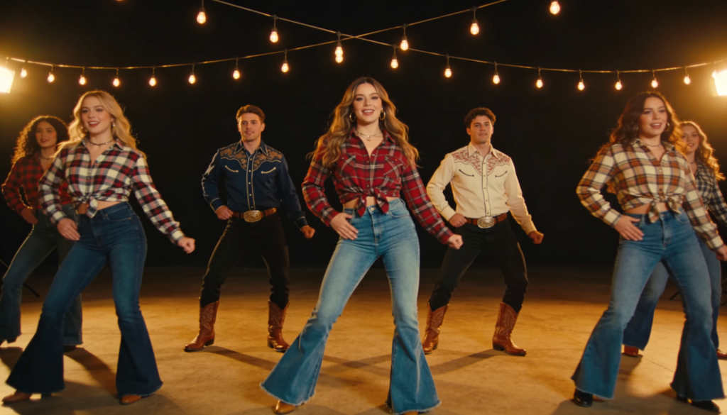 Groupe de femmes et hommes dansant le Madison, portant des jeans flare et chemises western dans une salle de soirée country