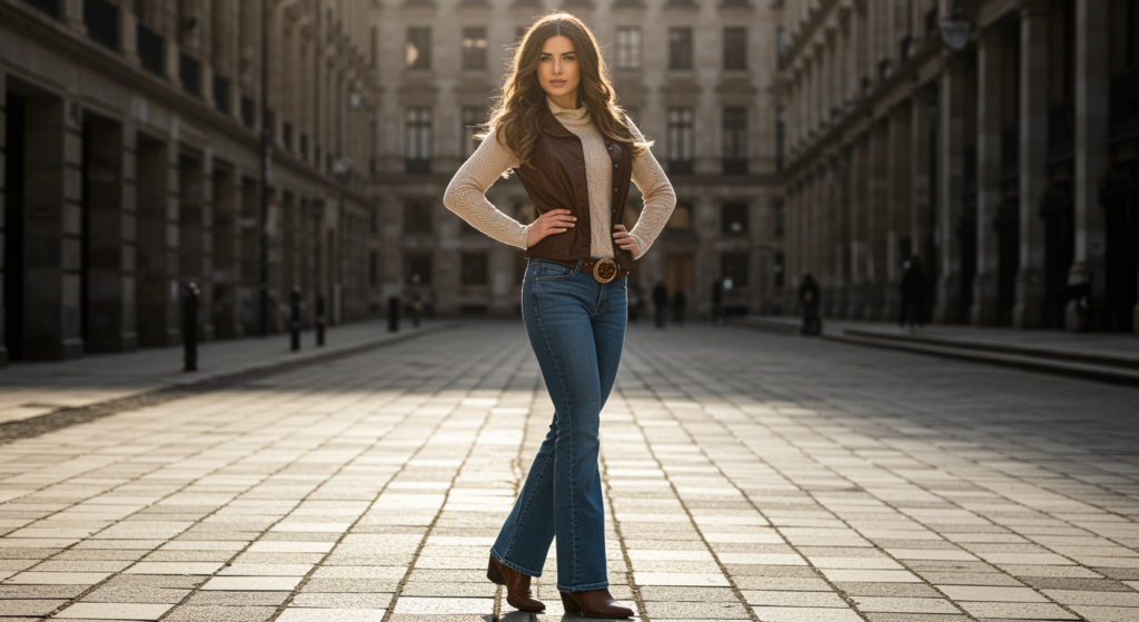 Look cowgirl complet avec ceinture à grosse boucle, veste en cuir à franges et chapeau western, pour soirée country ou festival.