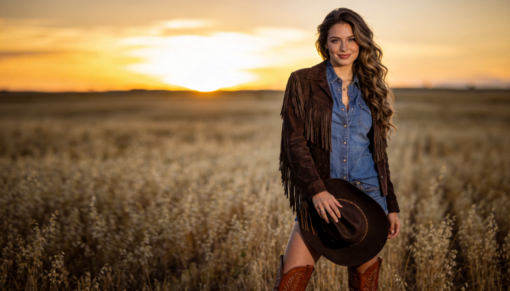 Femme portant tenue western femme chic avec chemise en denim, veste à franges et santiags, style lifestyle inspiré des pionnières de l’Ouest