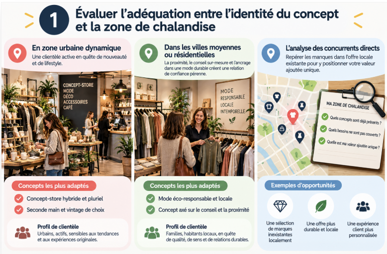 Illustration de l’analyse de la zone de chalandise pour vérifier l’adéquation entre un concept de boutique de prêt-à-porter, la clientèle locale, l’offre existante et les besoins encore peu couverts.