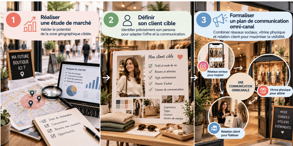 Illustration des trois étapes d’une démarche stratégique pour créer ou reprendre une boutique de prêt-à-porter : analyser le marché et la zone ciblée, définir le client cible et préparer une communication cohérente entre boutique, réseaux sociaux et autres canaux.