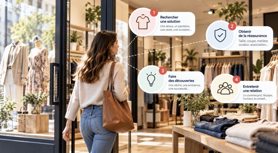 Parcours client en boutique de mode, de l’attention à la visite jusqu’à l’achat