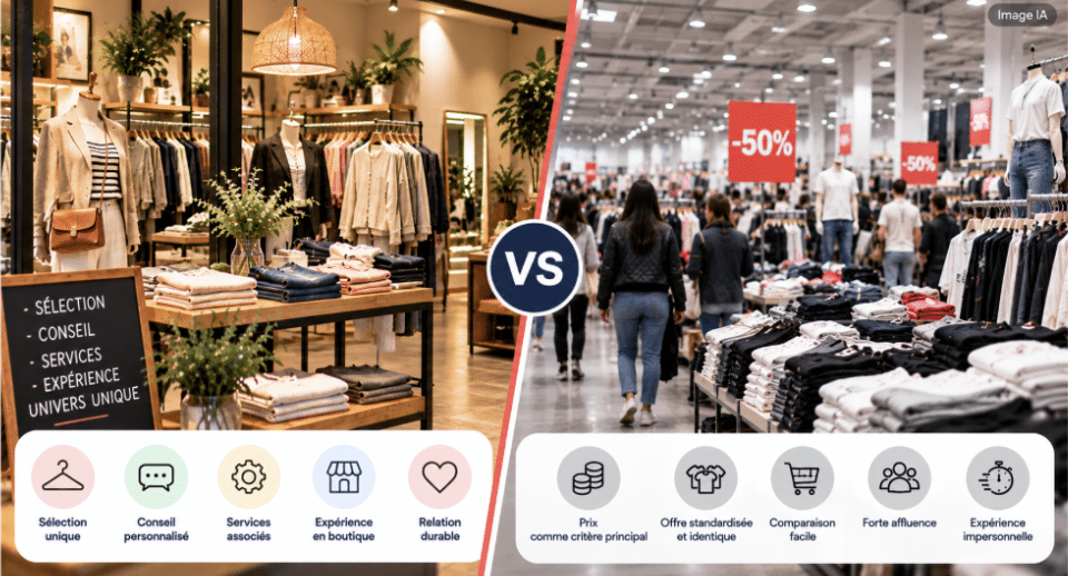Illustration comparative entre une boutique indépendante de prêt-à-porter et un grand magasin de fast fashion, montrant deux approches différentes de la distribution de vêtements.