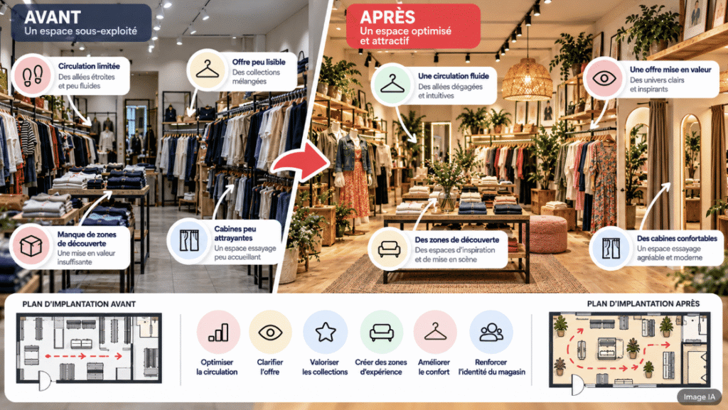 Remodeling d’une boutique de vêtements avec réorganisation de l’espace, amélioration de la circulation et mise en valeur des collections