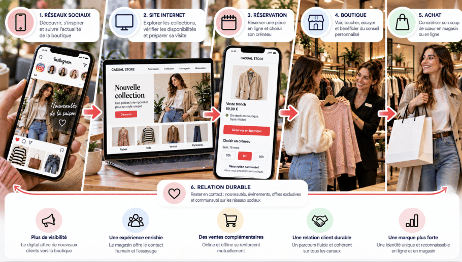 Infographie illustrant la complémentarité entre boutique et e-commerce, du parcours sur les réseaux sociaux à l’achat en magasin et à la fidélisation client.