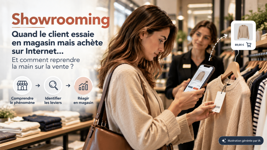 Client en boutique de prêt-à-porter consultant son smartphone après avoir essayé un vêtement