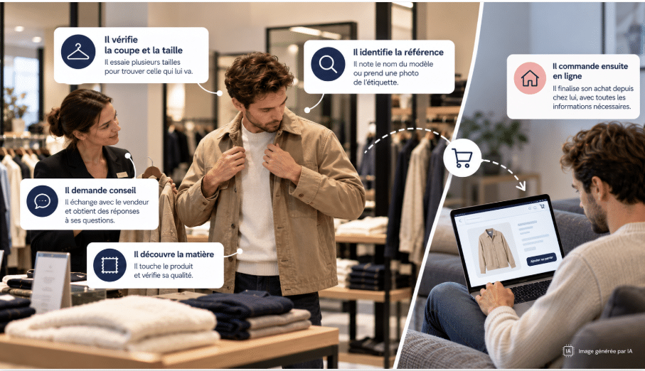 Client vérifiant la coupe, la matière et la référence d’un vêtement en boutique avant de poursuivre son achat en ligne