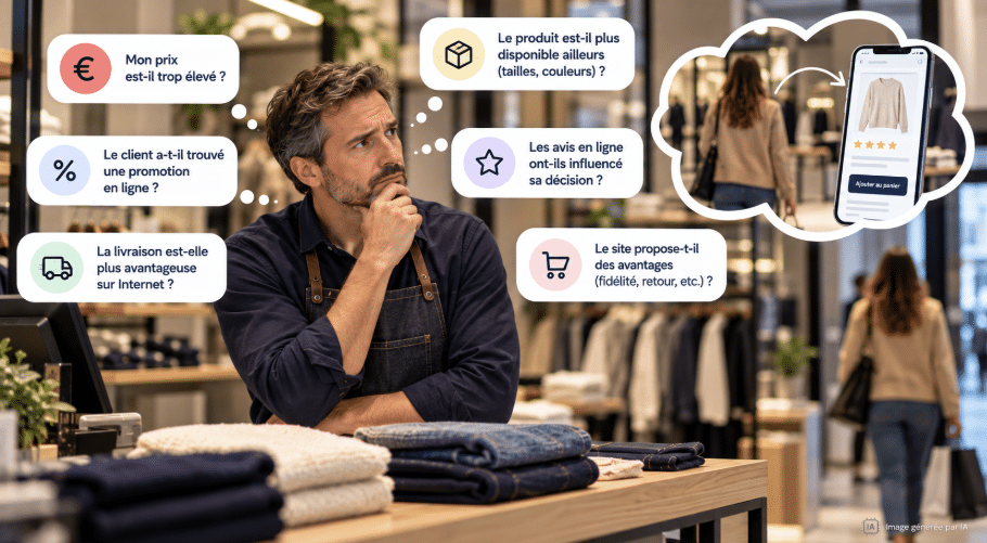 Commerçant s’interrogeant sur le prix et les critères comparés par un client entre magasin et Internet