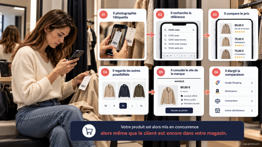 Client comparant sur son smartphone le prix et les offres d’un vêtement pendant son essayage en magasin — image générée par IA