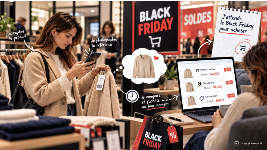 Client en boutique de prêt-à-porter repérant un vêtement avant le Black Friday et les soldes — illustration générée par IA.