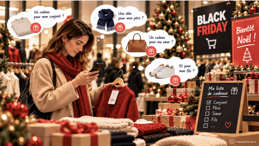 Cliente en boutique à l’approche de Noël, consultant son téléphone pour repérer des cadeaux et comparer les offres du Black Friday — image générée par IA