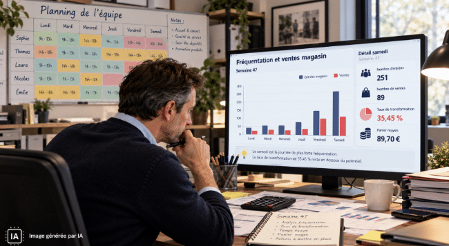 Commerçant analysant à son bureau la fréquentation de son magasin de taux de transformation panier moyen