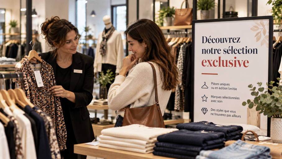 Commerçant présentant une sélection exclusive dans sa boutique, avec une affiche « Découvrez notre sélection exclusive » — image générée par IA.