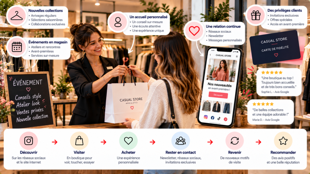 Infographie sur la fidélisation des clients d’une boutique de vêtements, illustrant les collections, événements, accueil personnalisé, communication, privilèges clients et avis en ligne.