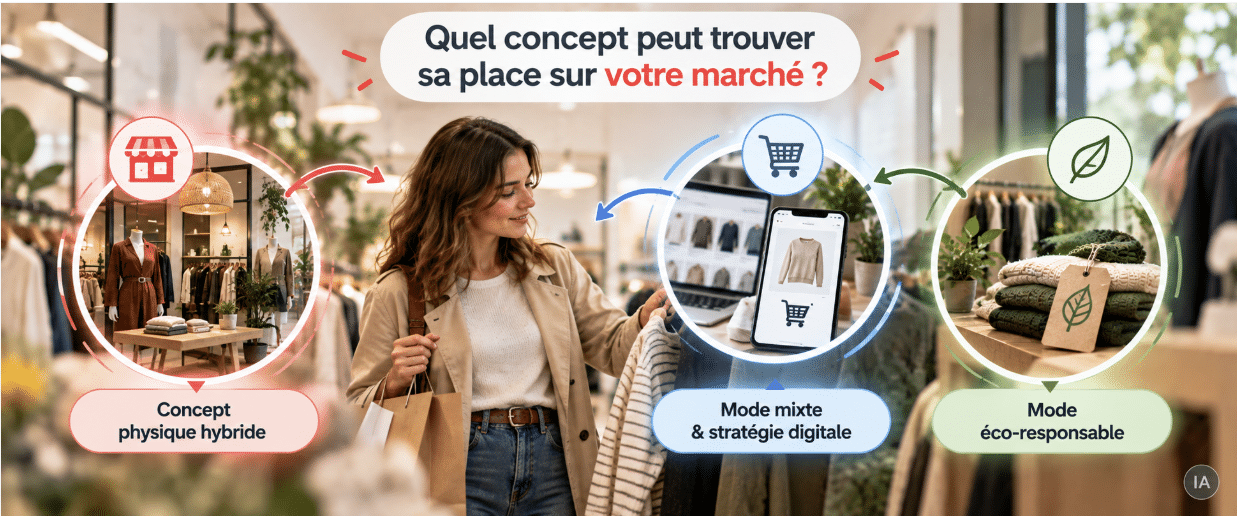 cliente au centre d'un parcours de réflexion entre trois concepts de prêt-à-porter : commerce physique hybride, stratégie digitale et mode éco-responsable.