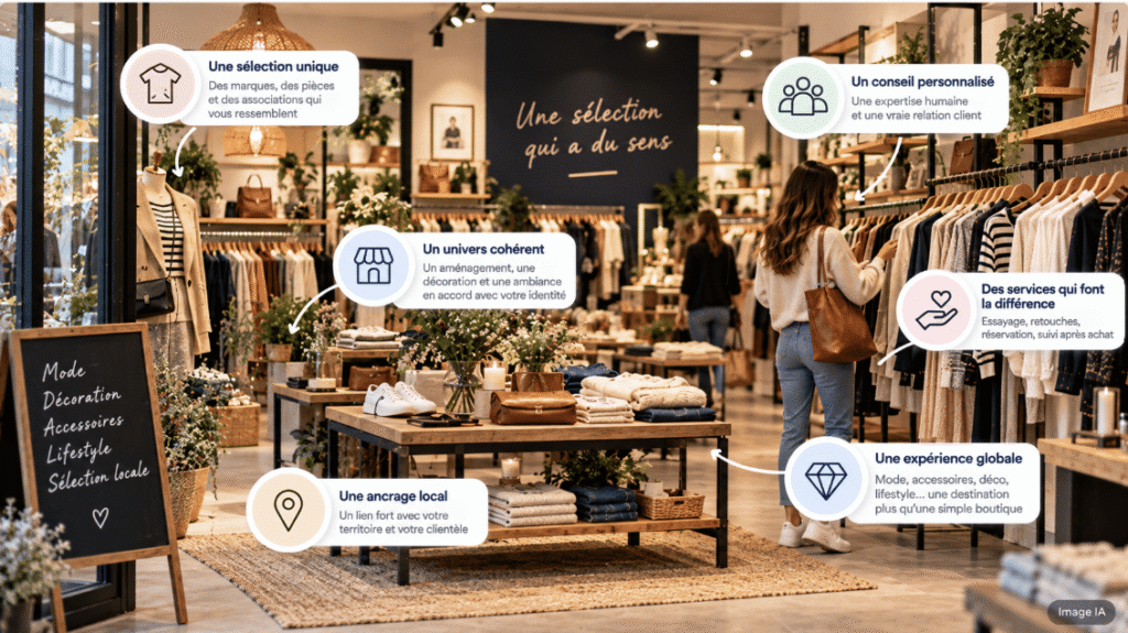 Concept store de prêt-à-porter avec sélection de vêtements, conseil personnalisé, services en boutique et expérience client différenciante