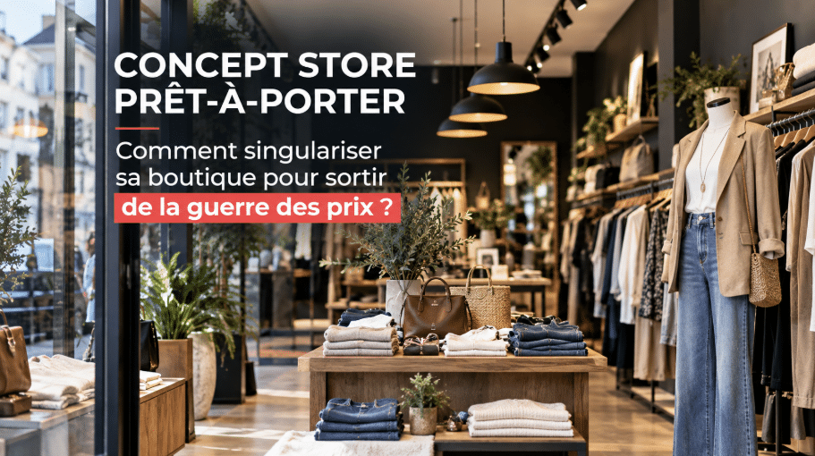 Illustration d’un concept store de prêt-à-porter contemporain mettant en avant l’expérience client, la sélection des vêtements, la scénographie et la complémentarité entre boutique physique et parcours digital.