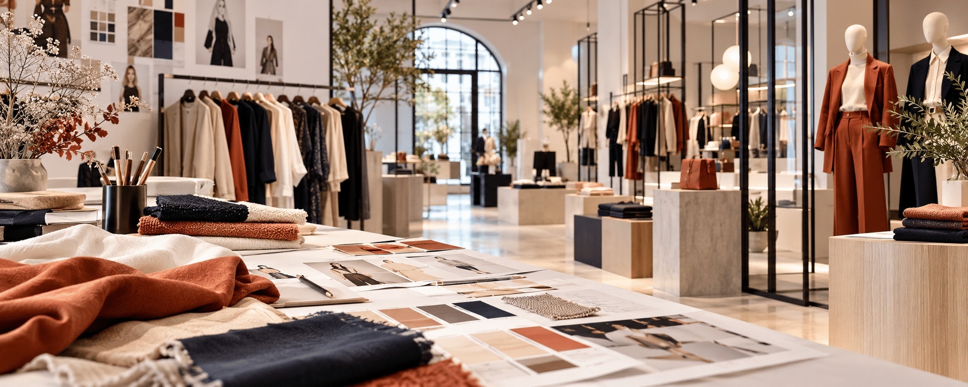 Espace retail dédié à la mode avec merchandising, matières textiles et concept store