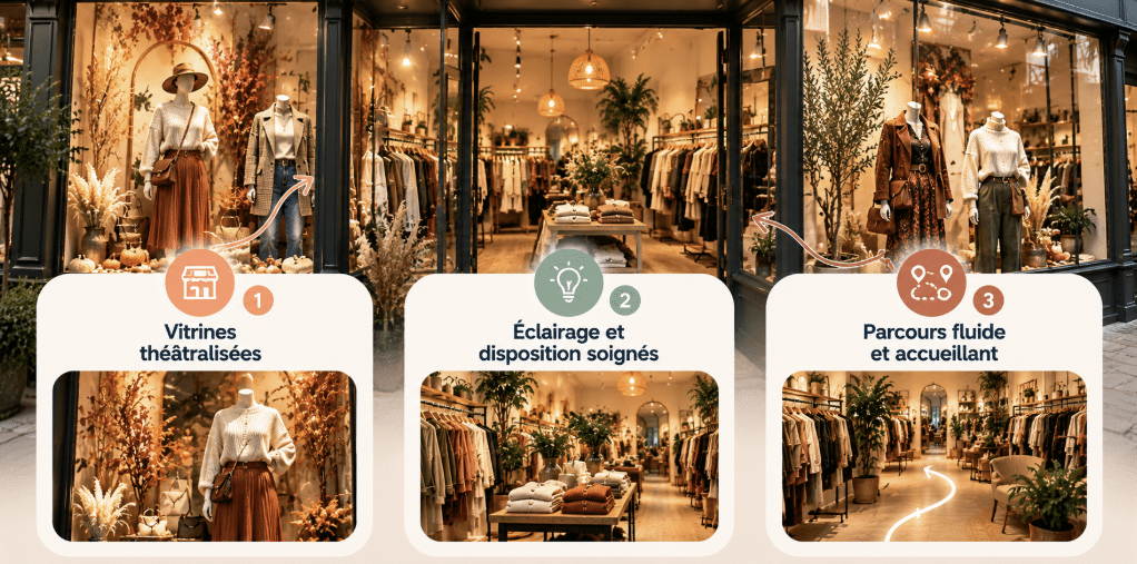 Illustration d’une boutique de prêt-à-porter mettant en scène trois leviers d’expérience physique : une vitrine théâtralisée, un éclairage et une disposition soignés des collections, ainsi qu’un parcours client fluide et accueillant.ia image