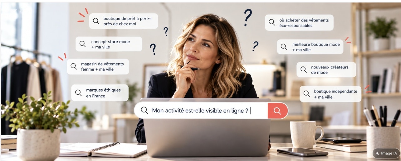 Dirigeante réfléchissant à la visibilité en ligne de son activité commerciale de prêt à porter