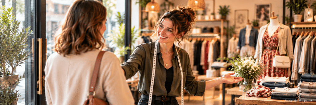 Accueil chaleureux d’une cliente par une conseillère dans une boutique de prêt-à-porter indépendante, image générée par IA