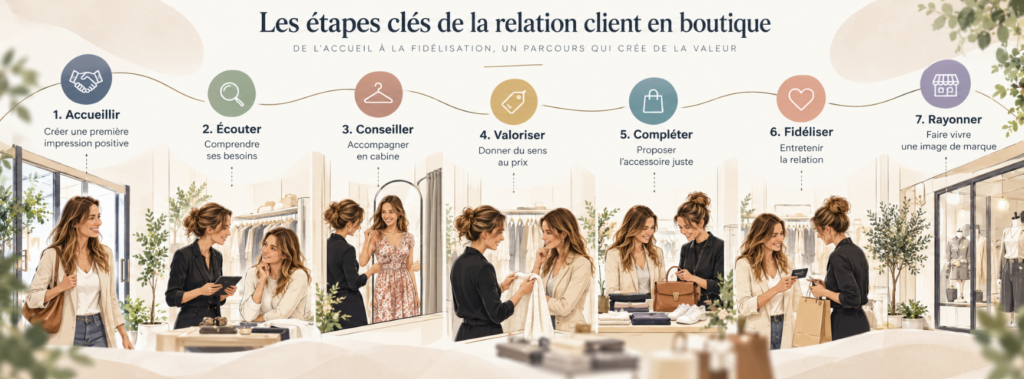 Schéma généré par IA présentant les principales étapes de la relation client en boutique de prêt-à-porter : accueil, découverte, vente, fidélisation et image de marque