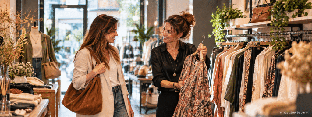 Image générée par IA : conseillère et cliente échangeant autour d’un vêtement dans une boutique de prêt-à-porter